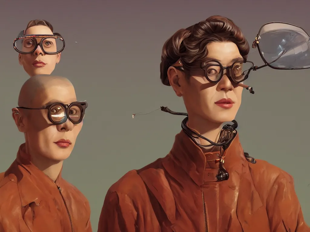 Prompt: ultra close portrait of alone androgynous male artist wearing long leather bakelite jacket and wearing giant modular synthesizer cables nikkor lens helmet, amber glasses, bakelite cliffs, australian desert background, grampians, ultrafine hyperdetailed illustration by hsiao - ron cheng and artgerm, the grand budapest hotel, digital art, artstation, pop art