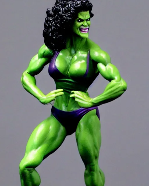 Prompt: maquette sculpture of the gorgeous she hulk, she is wearing a purple one piece swimsuit, she is tall, very fit and extremely muscular, she has green skin all over her body, long black shiny hair, hyperreal, highly detailed, in the style of sideshow collectibles, soft focus, bokeh