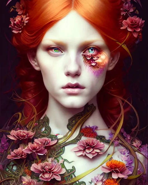 Image similar to Beautiful, evil and playful ethereal ginger portrait, art nouveau, fantasy, intricate flower designs, elegant, highly detailed, sharp focus, art by Artgerm and Greg Rutkowski and WLOP