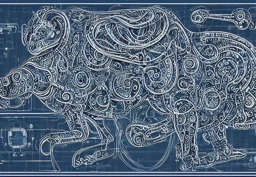 Image similar to small schematic blueprint of highly detailed ornate filigreed convoluted ornamented elaborate cybernetic rat, centered composition, full body, full frame, character design, zoomed out, art by da vinci