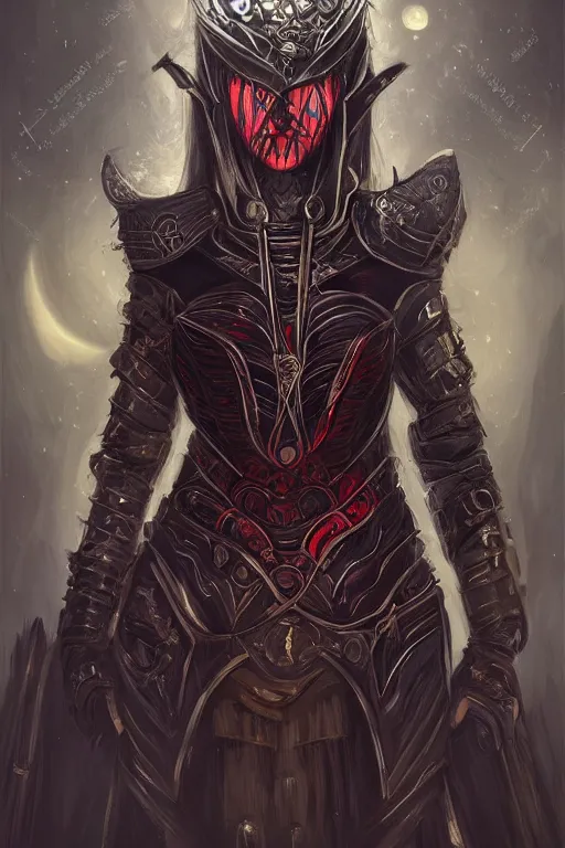 Prompt: portrait knights of Zodiac girl+smoky eyes, gothic black and red reflected armor, in ruined Agora of Athens moon night and black magic, ssci-fi, fantasy, intricate, very very beautiful, elegant, golden light, highly detailed, digital painting, artstation, concept art, smooth, sharp focus, illustration, art by tian zi and WLOP and alphonse mucha