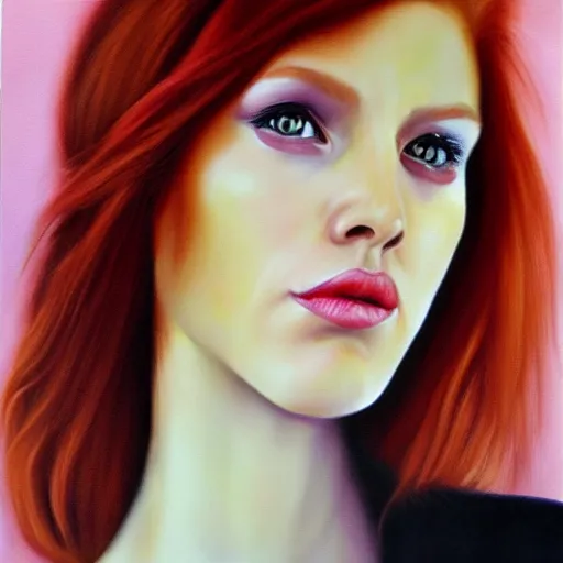 Image similar to hyperrealism oil painting of redhead emotional fashion model portrait