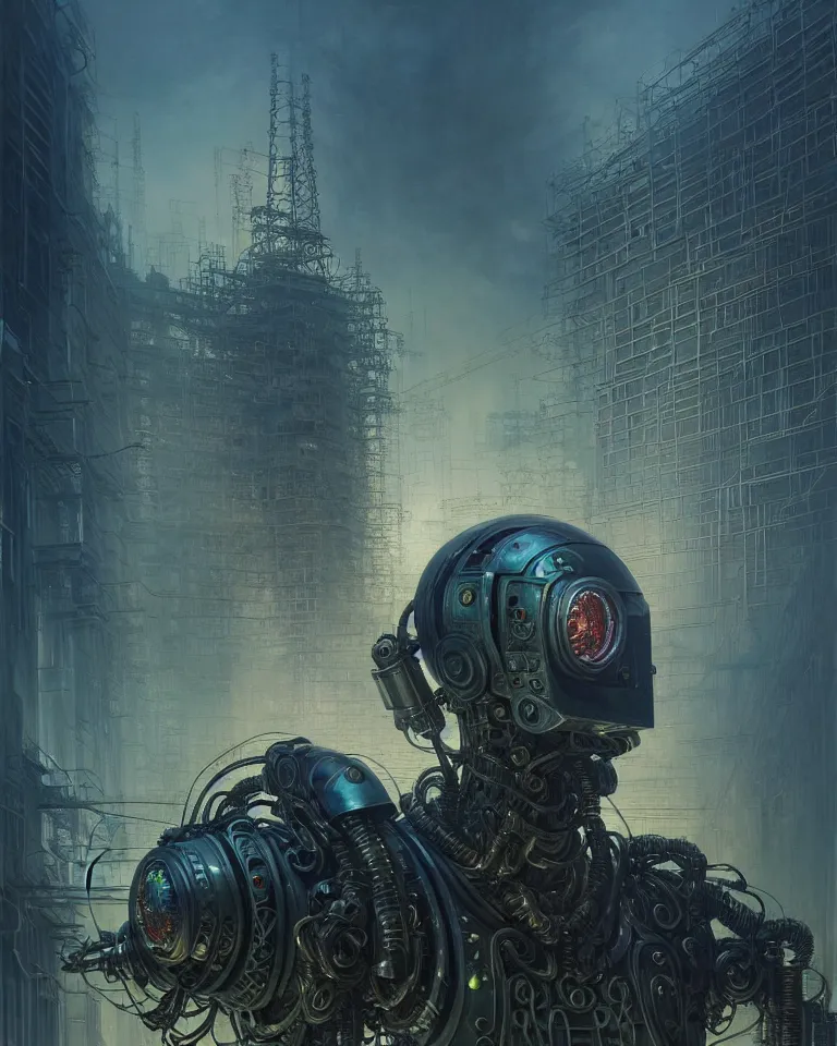 Image similar to low angle shot of a cyberpunk robot character in chernobyl, intricate, elegant, highly detailed, centered, digital painting, artstation, concept art, smooth, sharp focus, illustration, artgerm, tomasz alen kopera, peter mohrbacher, donato giancola, joseph christian leyendecker, wlop, boris vallejo