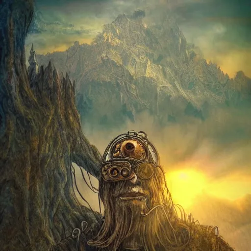 Prompt: steampunk ent man from lord of the rings, fantasy, high detail, realistic, pastel, complex psychadelic patterns, dark, magical natural mountainous background with setting sun, smoke in sky