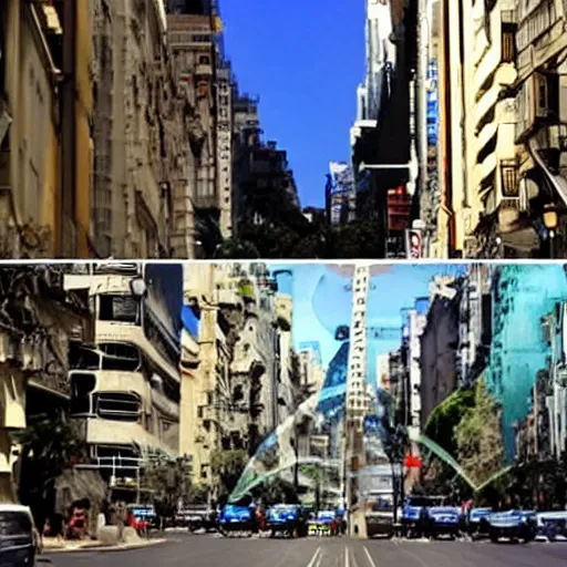 Prompt: Buenos Aires, futuristic, flying cars, futuristic hologram screens in the street