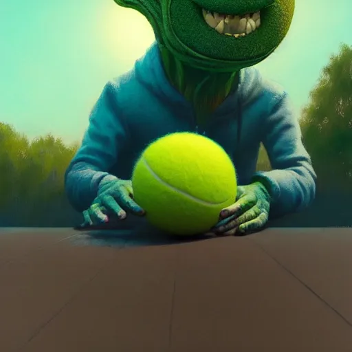 Image similar to highly detailed vfx portrait of a character of a tennis ball monster skateboarding on a skateboard stephen bliss, chalk, unrealengine, greg rutkowski, loish, rhads, beeple, chalk, makoto shinkai and lois van baarle, ilya kuvshinov, rossdraws, tom bagshaw, basil gogos