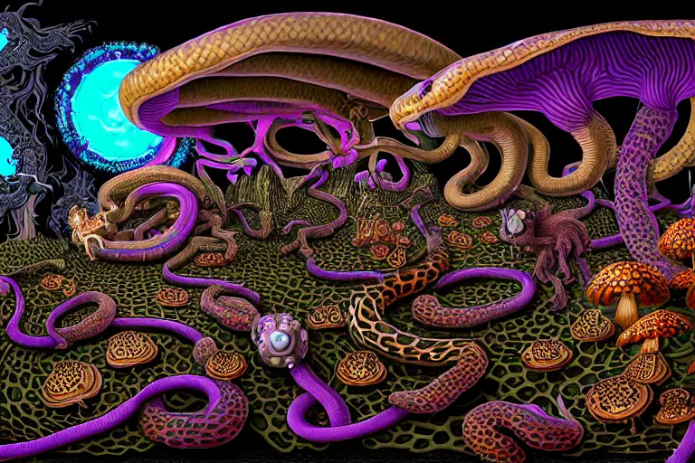 Image similar to a detailed digital art painting of a cyberpunk magick oni dragon with occult futuristic effigy of a beautiful field of mushrooms that is a adorable leopard atomic latent snakes in between ferret biomorphic molecular hallucinations in the style of escher, alex grey, stephen gammell inspired by realism, symbolism, magical realism and dark fantasy, crisp,