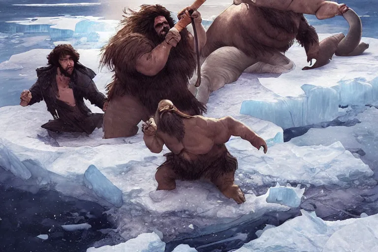 Image similar to a walrus fighting a caveman among on sea ice, stark lighting, water color, art by artgerm and greg rutkowski and alphonse mucha and jin xiaodi and anthony devine