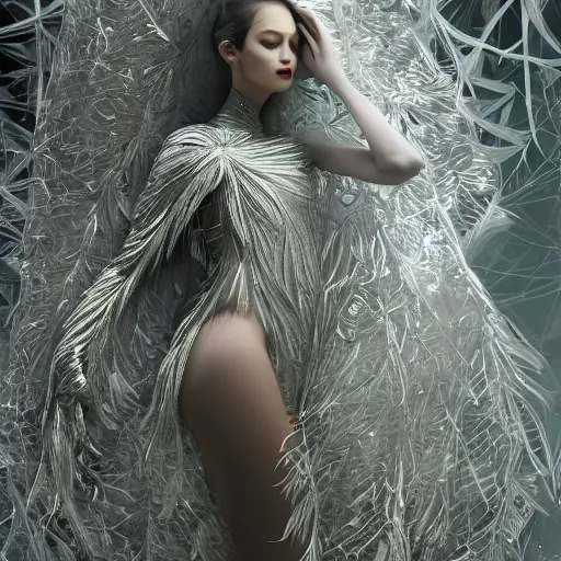 Image similar to a highly detailed ethereal full body shot, digital image of a silver covered elegantly posed futuristic woman beautifully cocooned in chromatic leafy foliage like leaves shot, full body shot, by Andrew Chiampo, artstation, and Frederik Heyman, extremely detailed woman, stunning volumetric lighting, intricate details, hyper realism, realistic fantasy, sci-fi, textured, stylized, 4k,