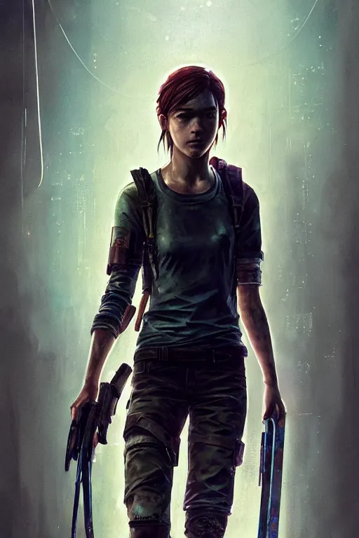 Image similar to ellie from the last of us part 2, cyberpunk futuristic neon. fencing, long sword in her hand, decorated with traditional japanese ornaments by ismail inceoglu dragan bibin hans thoma greg rutkowski alexandros pyromallis nekro rene maritte illustrated, perfect face, fine details, realistic shaded, fine - face, pretty face, masterpiece