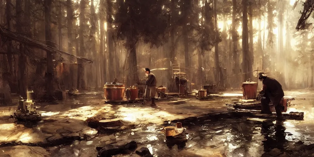 Prompt: simple woodsman brewing moonshine in copper stills in their well lit clean open workshop, art by anders zorn, wonderful masterpiece by greg rutkowski, beautiful cinematic light, american romanticism thomas lawrence, greg rutkowski