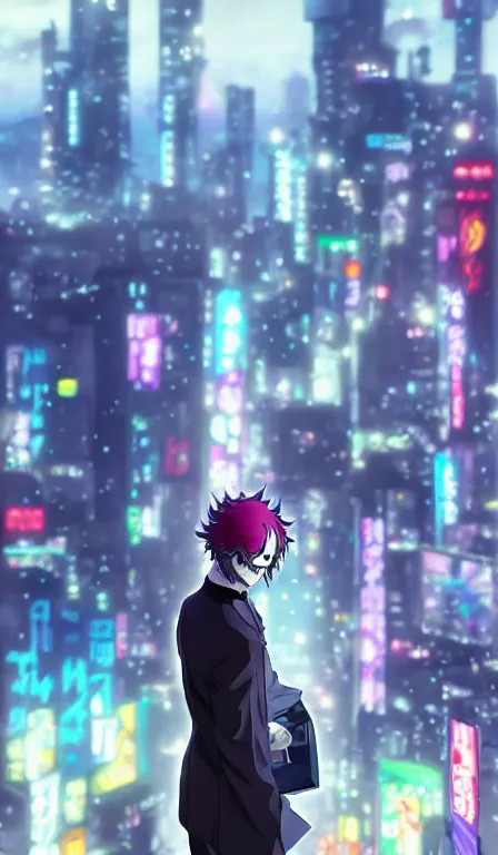 Prompt: anime fine details portrait of Joker in front of cyberpunk moder city landscape on the background deep bokeh, close-up view, anime masterpiece by Studio Ghibli. 8k, sharp high quality anime, artstation