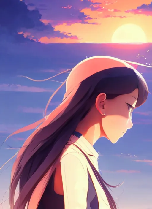 Image similar to side portrait of cute girl, sunset sky in background, beach landscape, illustration concept art anime key visual trending pixiv fanbox by wlop and greg rutkowski and makoto shinkai and studio ghibli and kyoto animation, futuristic wheelchair, symmetrical facial features, should eyes, future clothing, realistic anatomy, backlit