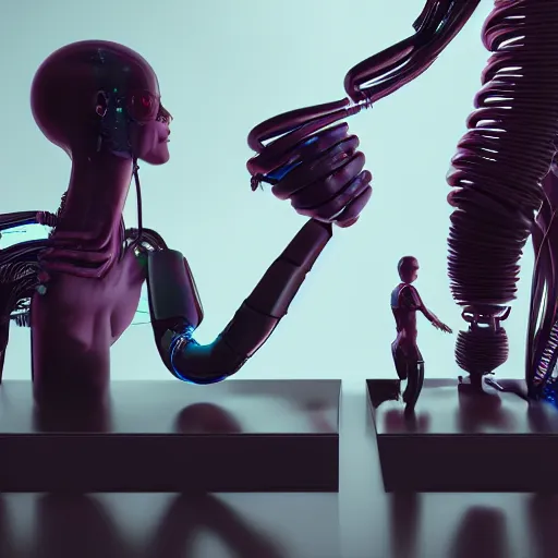 Image similar to conception of a android organs as human resources, laboratory background, liquids, cables, robotic arm, cyberpunk style, details, studio lighting, realism, complex lights