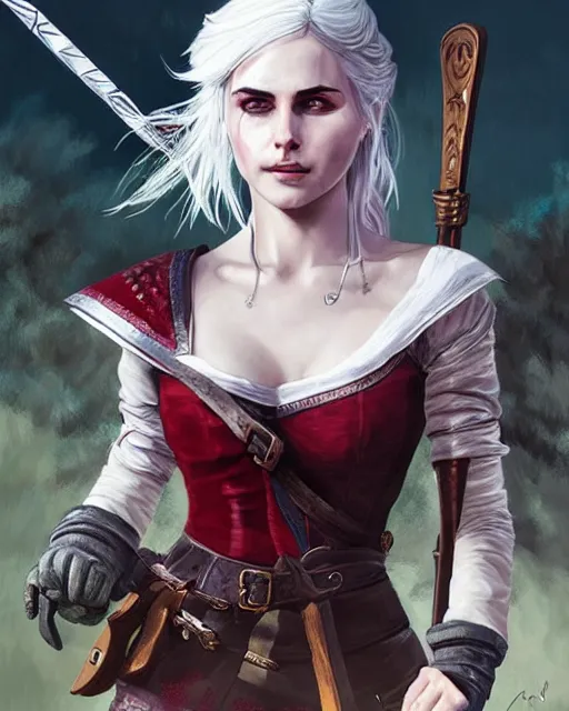 Prompt: Ciri from Witcher 3 by Viorie and Toni Infante and Timothy Kong, wearing haute couture by schiaparelli, sharp focus, sun rays, intricate, elegant, highly detailed, digital painting, masterpiece.