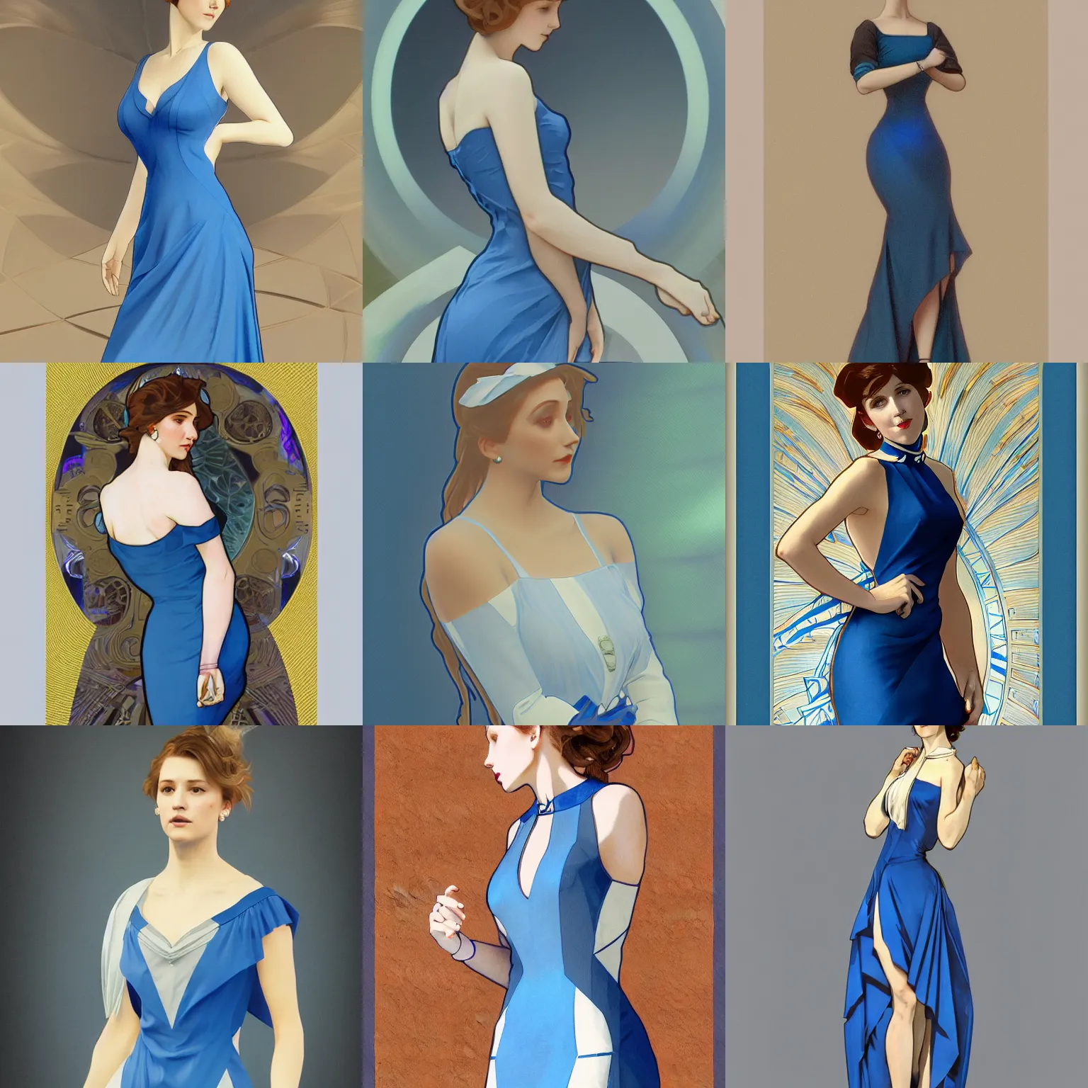 Prompt: elegant woman in a blue cutout dress with white trim, as seen on artgerm, octane render, in the style of alphonse mucha, ultra realistic, highly detailed, 8 k