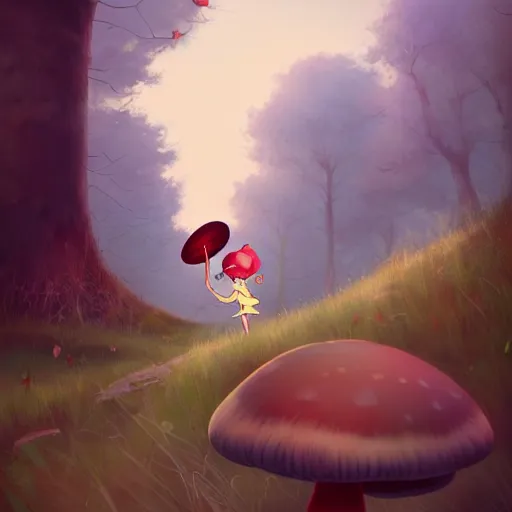 Image similar to goro fujita ilustration a cheerful girl collecting mushrooms in the forest, characterized by masamune shirow and bagshaw tom, character art, sharp focus, highly detailed, artstation