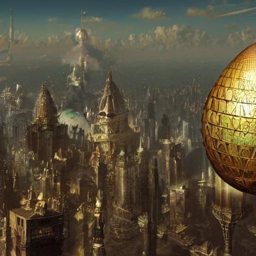 Image similar to enormous flying city in a faberge egg, sky, steampunk, fantasy art, masterpiece, hugh ferriss, octane render