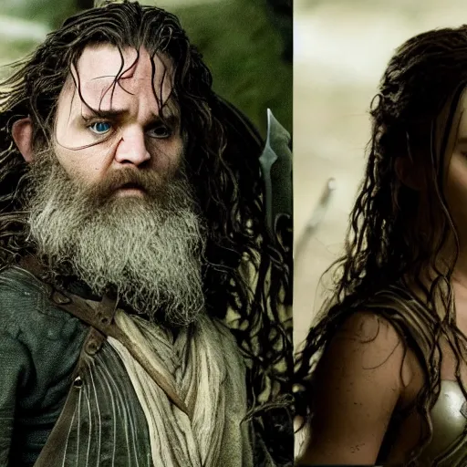 Image similar to first photos of female lotr, jennifer lawrence as aragorn, megan fox as aragorn and florence pugh as gimli, ( eos 5 ds r, iso 1 0 0, f / 8, 1 / 1 2 5, 8 4 mm, postprocessed, crisp face, facial features )