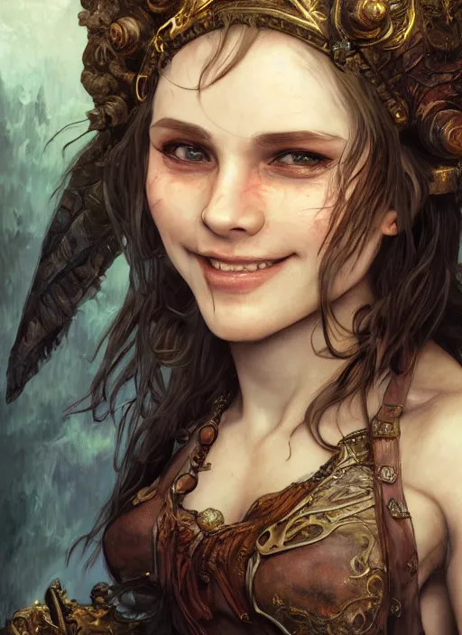 Prompt: female halfling bard, beautiful detailed eyes and a bright smile, dirty, fantasy, intricate, rough, highly detailed, digital painting, 4k, HDR, concept art, smooth, sharp focus, upper body shot, illustration, art by Artgerm, H R Giger and Alphonse Mucha