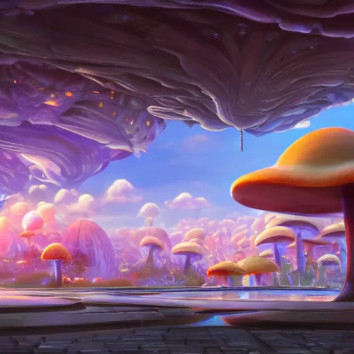 Image similar to beautiful matte art of the mushroom kingdom in the style of futuristic, photo realistic, 8 k uhd, high resolution, concept art detailed realistic, highly detailed, lighting, hyperrealistic, unreal engine