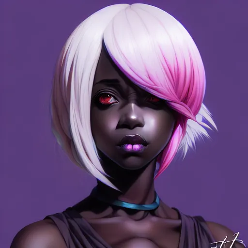 Prompt: portrait of a black anime manga girl, french bob hair, white hair, purple eyes, by artgerm, james jean, tom bagshaw, gerald brom, vaporwave colors, lofi colors, vaporwave, lofi, goth vibe, 4 k, smooth, hd, substance designer render, full body character concept art, symmetrical, 2 point lighting,