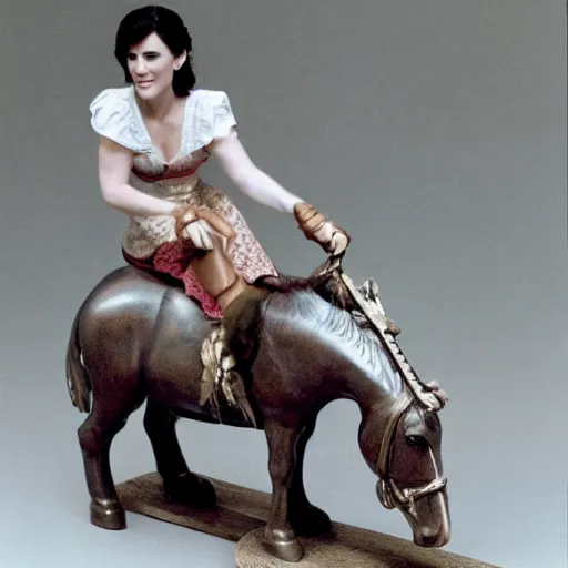 Image similar to 35mm film still of Jennifer Connelly riding a rocking horse, figure portrait