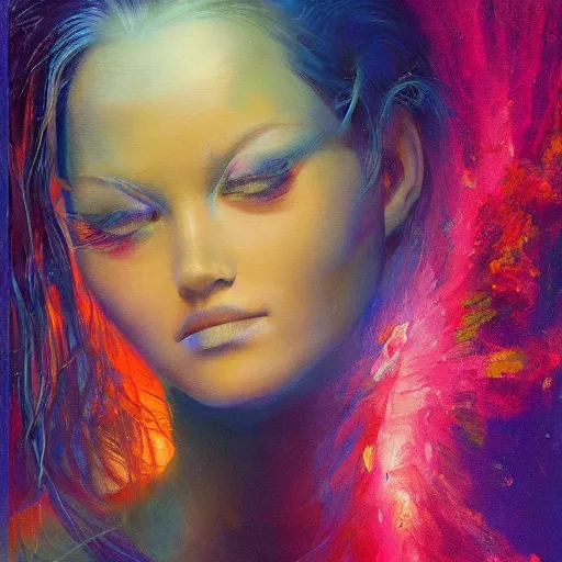 Prompt: fluid masses of oil paints building structure of ultra beautiful girl in psychedelic dimension, wayne barlow, bruce pennington, donato giancola, larry elmore, masterpiece, trending on artstation, featured on pixiv, cinematic composition, beautiful lighting, sharp, details, hyper - detailed, hdr, 4 k, 8 k