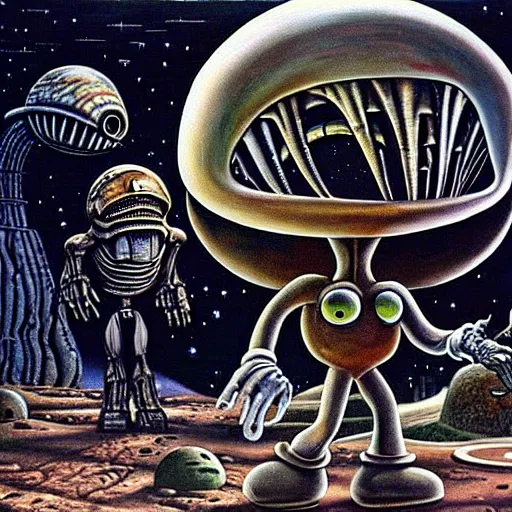 Prompt: old mario walking on an alien planet, painting by h. r. giger