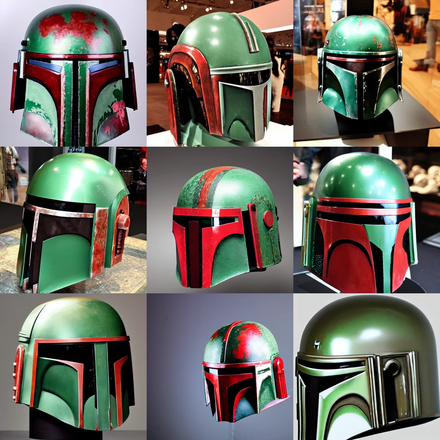 Prompt: hyperrealistic boba fett helmet on display