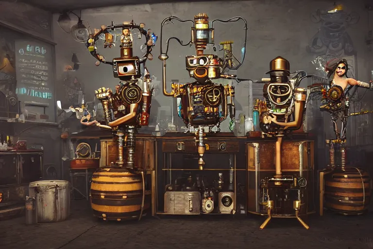 Prompt: backstage at a festival, 3 drunk steampunk robot musicians sitting on chairs, table with many bottle of beer and wiskey, exaggerated detailed, unreal engine