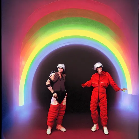 Prompt: two time emperors wearing techno visors and red rick owens flight suits with their hands behind their backs inside the glowing geometric rainbow portal to the sixth dimension by frank frazetta