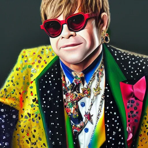 Image similar to Elton John 1970 fashion, gucci catwalk, oil painting, digital art, ultradetailed, artstation
