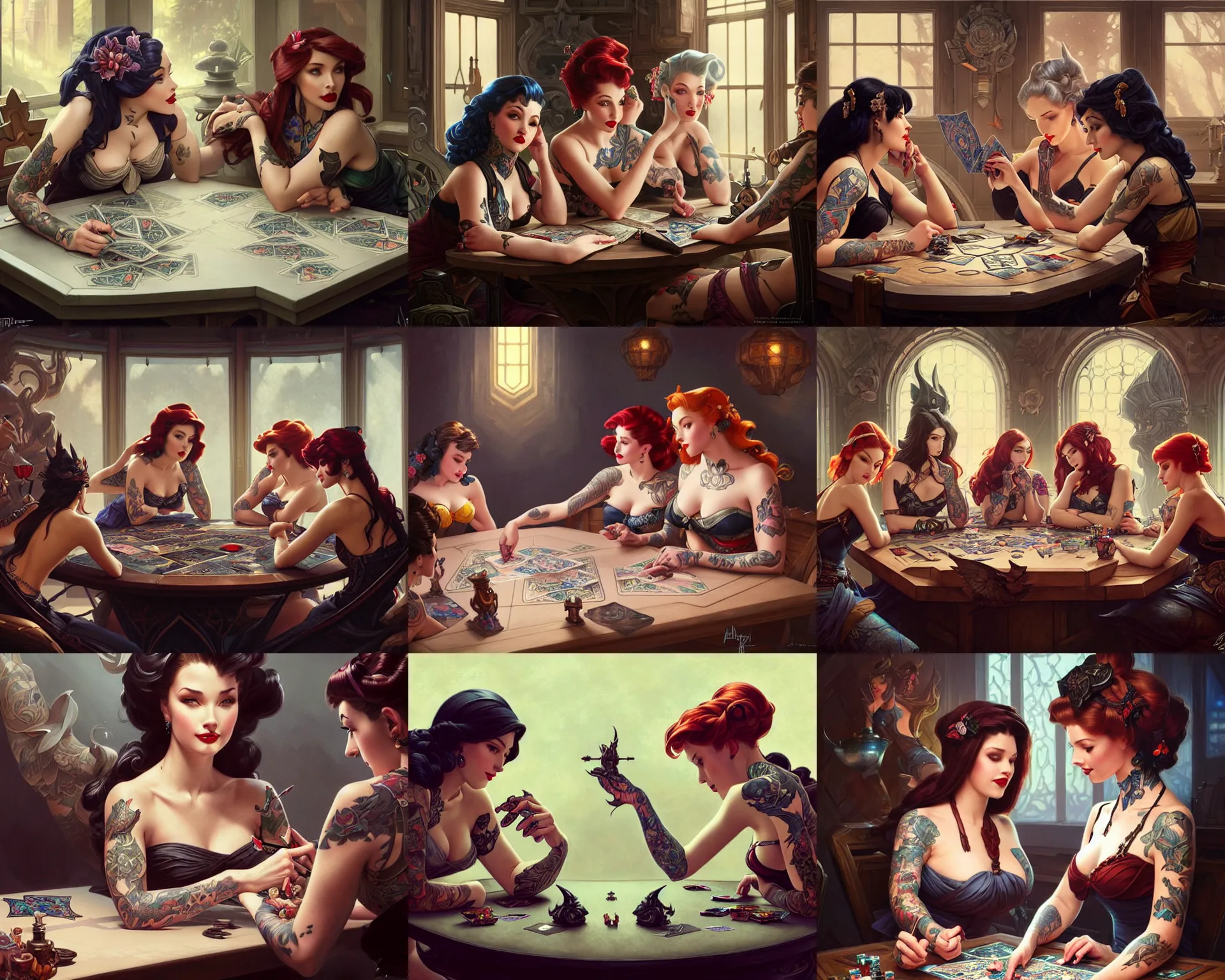 Prompt: tattooed pinup girls sitting at table playing dnd, deep focus, intricate, elegant, highly detailed, digital painting, artstation, concept art, matte, sharp focus, illustration, hearthstone, art by artgerm and greg rutkowski and alphonse mucha.