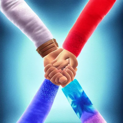 Image similar to digital art, nintendo and playstation holding hands