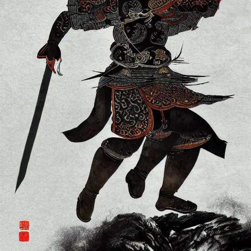 Prompt: ancient ink painting of a chinese warrior in clothes with a broadsword jump and hit the chinese dragon down hard, dark cloud and lightning on the grounddramatic lighting, cg, whole body, extremely detailed, octane render, 8 k, sophisticated