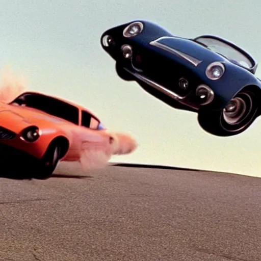 Prompt: car chased by anothrr car which is flying in the sky, movie still of James bond