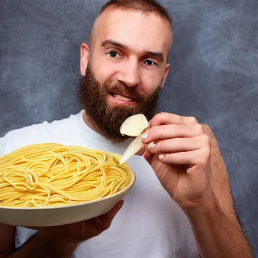 Image similar to a man eating a whole garlic clove with spaghetti, photo