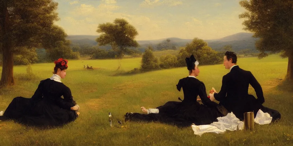 Prompt: a couple in victorian formal attire sitting in grass watching several rockets launch into orbit, painting in the style of hudson river school, 4 k