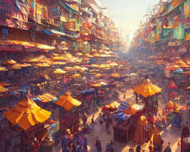 Image similar to colorful, bustling marketplace in a great kitsune city, a fantasy digital painting by Greg Rutkowski and James Gurney, trending on Artstation, highly detailed