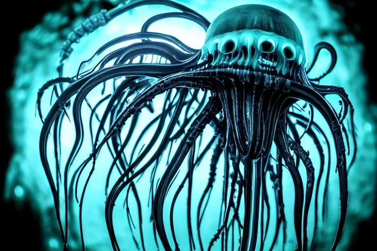 Prompt: jellyfish xenomorph borg queen, psycho stupid fuck it insane, looks like death but cant seem to confirm, cinematic lighting, bioluminescence fluorescent phosphorescent, various refining methods, micro macro autofocus, ultra definition, award winning photo, to hell with you, glowing bones, devianart craze, a gammell - giger film