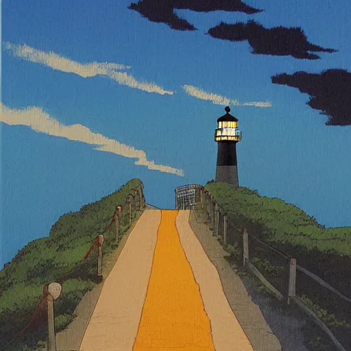 Prompt: A road leading to the lighthouse,dusk, by studio Ghibli, artstaion