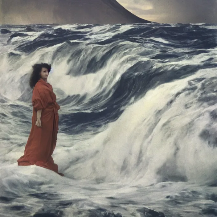 Prompt: a woman wearing wrapped in plastic, standing in front of a giant tsunami wave, color photograph, by john singer sargent, canon eos c 3 0 0, ƒ 1. 8, 3 5 mm, 8 k, medium - format print