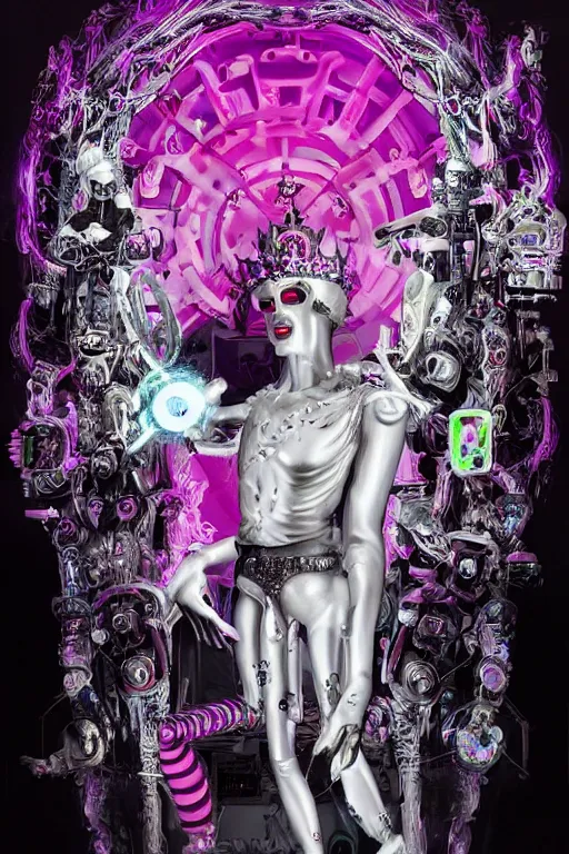 Prompt: full-body rococo and cyberpunk style neon statue of a young attractive Brasileiro macho dotado android laying back sim roupa con piroca, glowing white laser eyes, prince crown of pink gears, diamonds, swirling silver-colored silk fabric. futuristic elements. full-length view. space robots. human skulls. intricate artwork by caravaggio. Trending on artstation, octane render, cinematic lighting from the right, hyper realism, octane render, 8k, depth of field, 3D