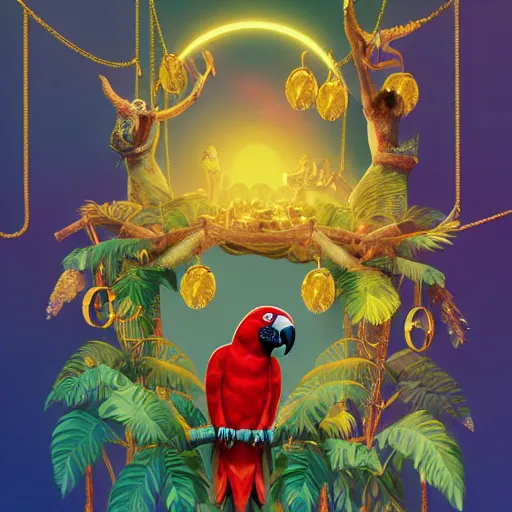 Image similar to parrots dressed in golden rings, necklaces and with caps on head, rapping and sitting on golden trees, rap scene, jungle concept art, trending on artstation, highly detailed, digital art, 8 k