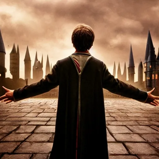 Image similar to Harry potter upright and levitating, back view, thunderclouds, cinematic shot, intricate detail and quality, movie still, nighttime, crescent moon, minor motion blur, action shot, photorealistic, intense scene, visually coherent, symmetry, rule of thirds, movement, vivid colors, award winning, directed by Steven Spielberg, Christopher Nolan, Tooth Wu, Asher Duran, Greg Rutkowski