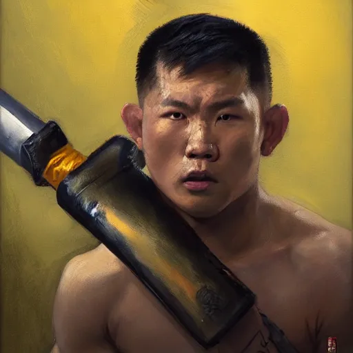 Prompt: greg manchess portrait of a filipino mma fighter looking shocked as he drops his sword, profile picture, organic painting, sunny day, matte painting, bold shapes, hard edges, street art, trending on artstation, by huang guangjian, gil elvgren, ruan jia, randy vargas, greg rutkowski