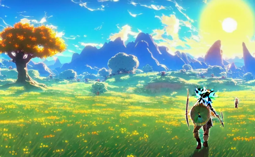 Image similar to fantastic anime sunny meadow with flowers, lone old Oak in the middle plane and mountains on the background, by Hayao Miyazaki, Nausicaa, Ghibli, Breath of the wild, Anime wallpaper