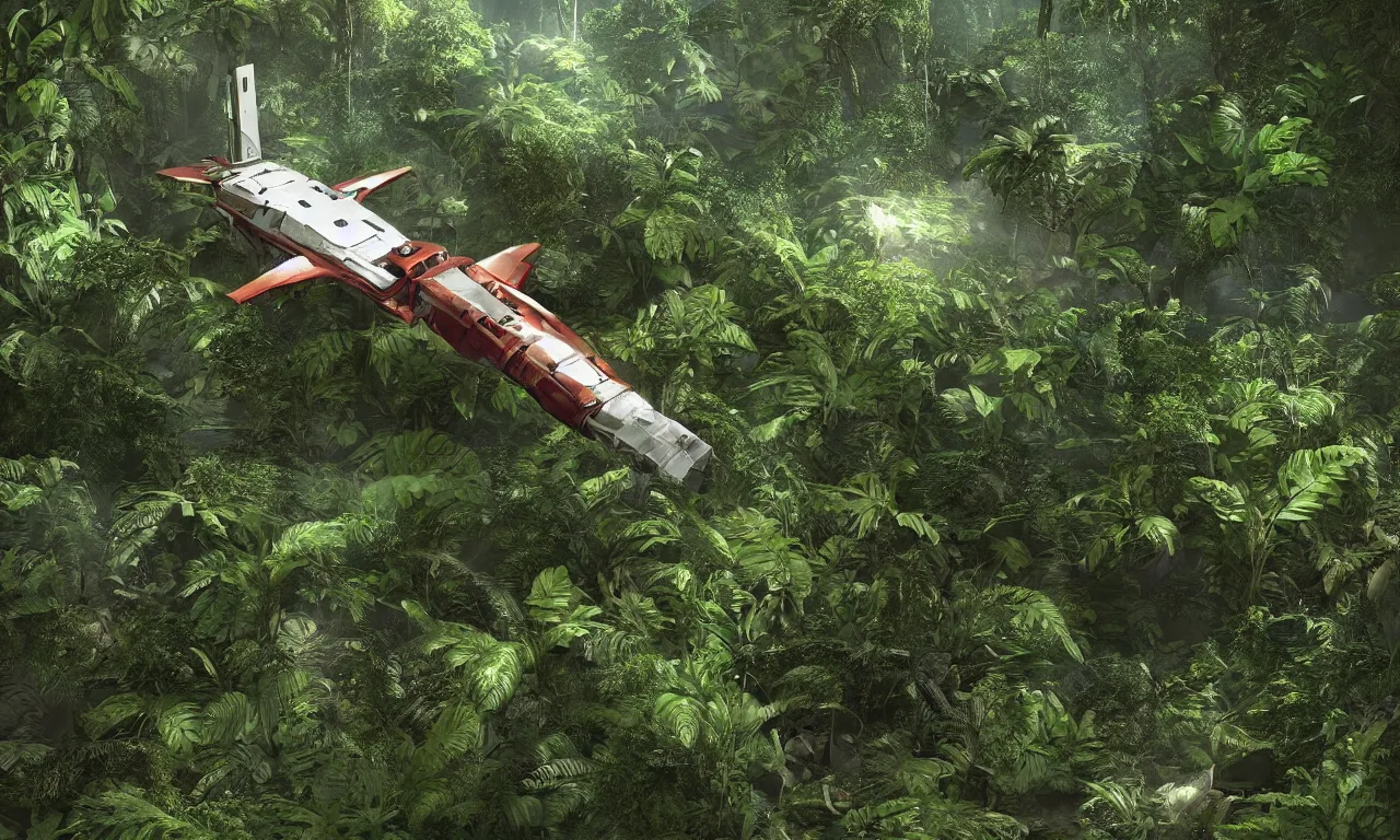 Image similar to Astronaut prometheus spaceship crashed in jungle , deep in the tropical rain forest ,wide angle low cinematic lighting atmospheric realistic octane render highly detailed in he style of craig mullins, full hd render 3d octane render unreal engine 5 Redshift Render Cinema4D C4D Rendered in Houdini Houdini-Render Blender Render Cycles Render OptiX-Render Povray Vray CryEngine LuxCoreRender MentalRay-Render Raylectron Infini-D-Render Zbrush DirectX Terragen Autodesk 3ds Max After Effects 4k UHD immense detail interdimensional lightning + studio quality enhanced quality