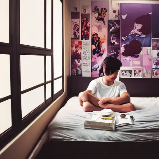 Prompt: small room in tokyo, window open, dawn, young man sitting at computer, walls covered with anime posters, lots of appliances on shelves, small bed not made, photo realism, poster art, hyper details, soft light, soft shadows, blurred photo